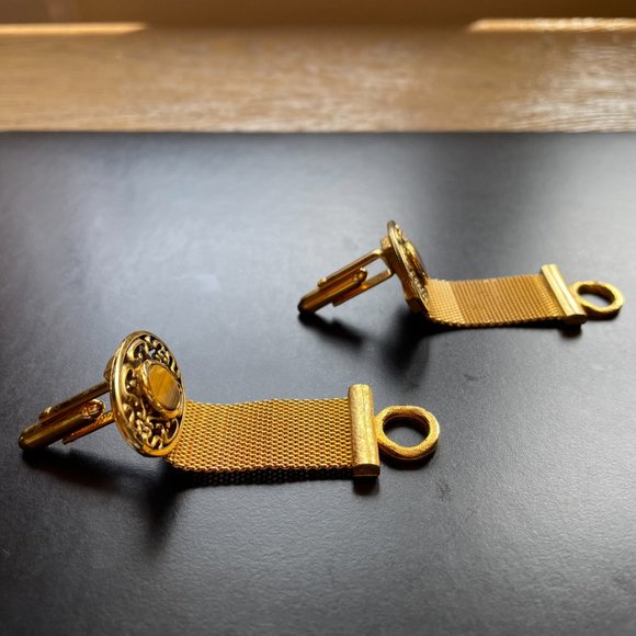 Gold Mess Cufflink with Oval Filigree Shape/Round Tiger Stone - Vintage 1970's - Picture 6 of 9